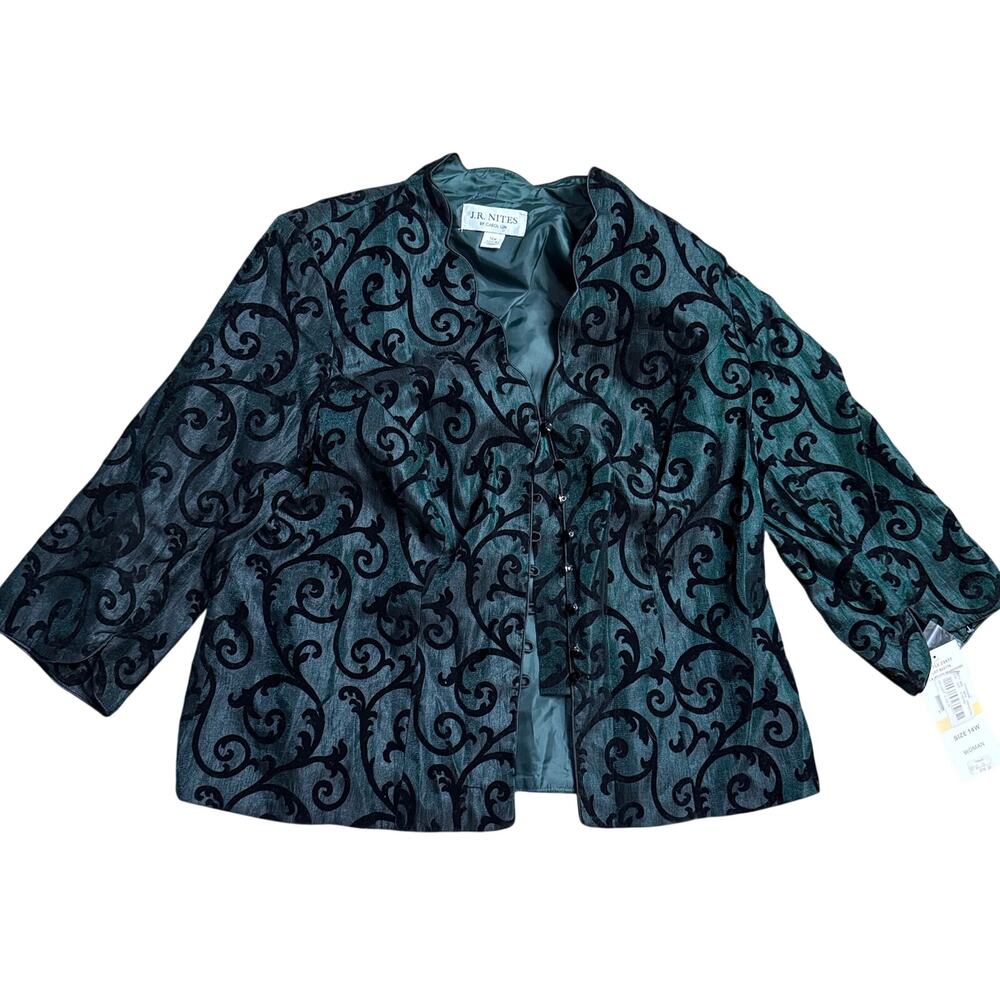 NEW J.R. Nites by Carol Lin Blazer Green with Black Floral Design Sz 14W NWT $99